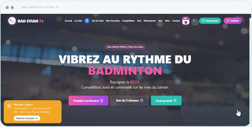 Page d’accueil du site du club de badminton d’Évian-les-Bains (badminton-evian.fr), réalisé par Clic à l’aide