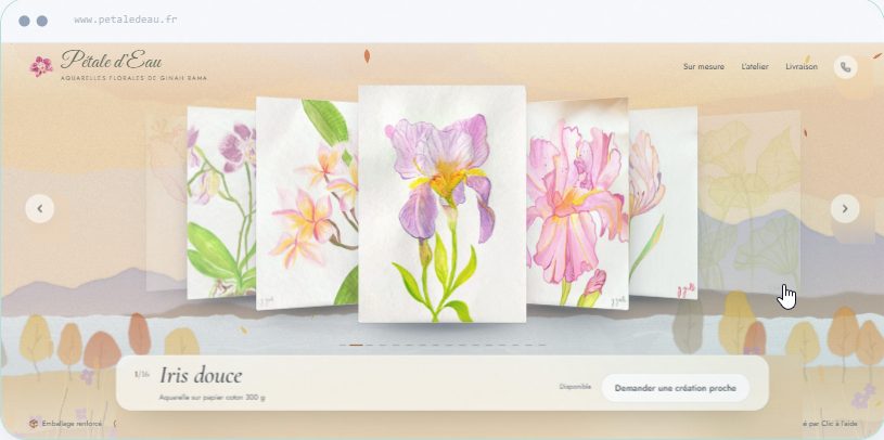 Page d’accueil de petaledeau.fr, galerie en ligne d’une aquarelliste d’Évian réalisée par Clic à l’aide